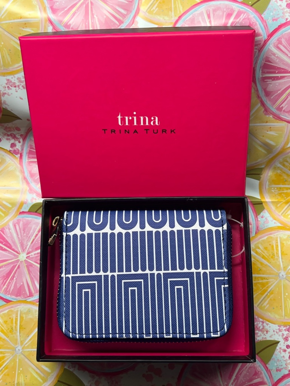 Trina Turk Navy & White Geometric Zip Wallet in Original Gift Box